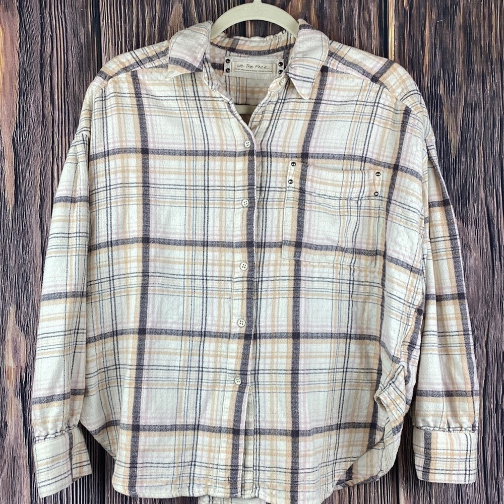 We The Free- Cream Colored Flannel W/ Pink, Tan & Gray Stripes- Size Extra Small